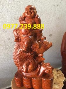 Tượng Gỗ Phật Di Lặc Cưỡi Cá Chép bằng gỗ Hương đỏ