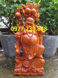 tượng di lặc gánh đào cưỡi cá chép gỗ hương 15cm